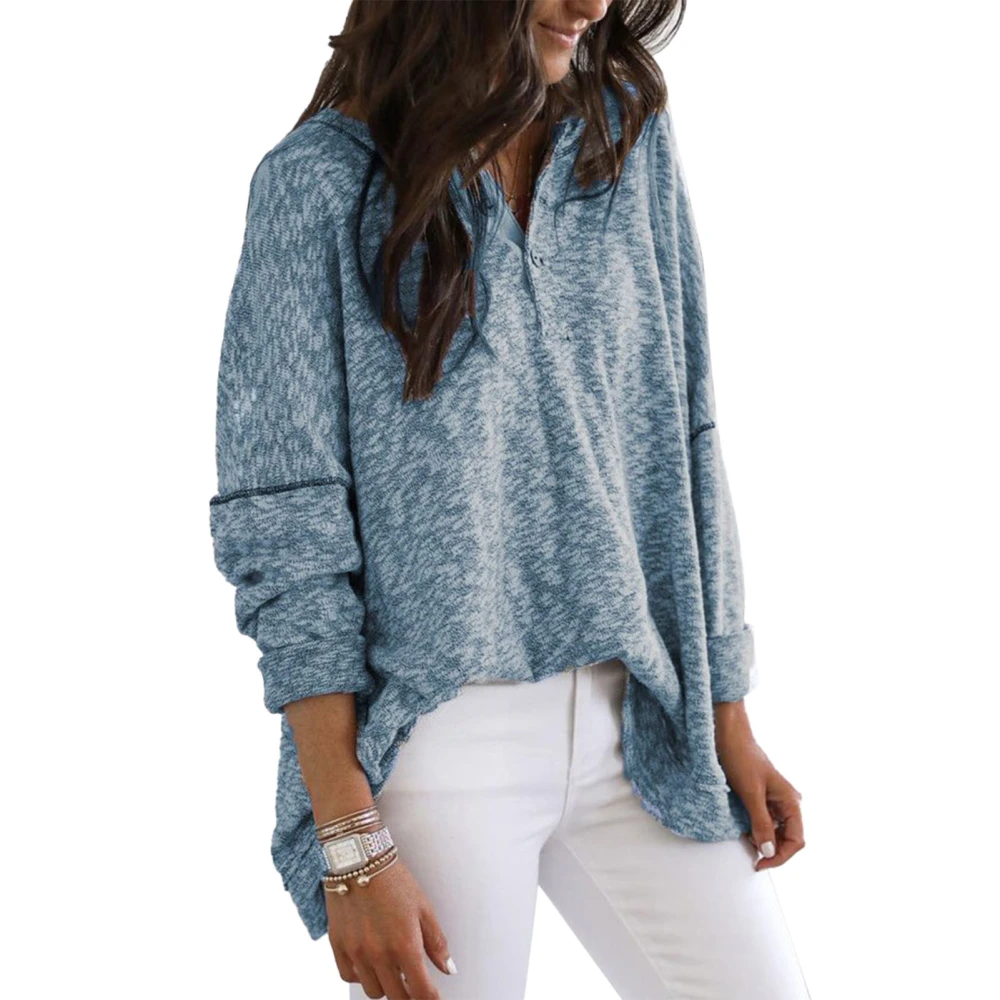 Women Knit Top Button Down Long Sleeve V Neck Casual Loose Women Casual Knitwear for Party Travel Office Light Blue L