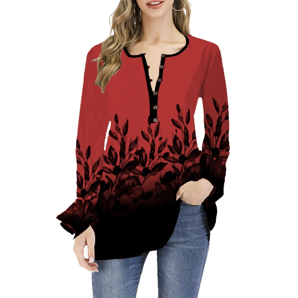 Women V Neck Ruffle Long Sleeve Shirt Casual Loose Fashionable Soft Half Button Printed Top for Daily Life Party Red L