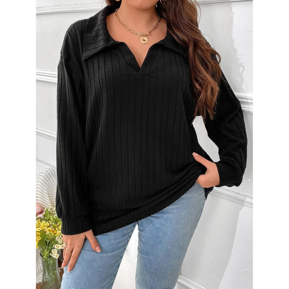 Women Long Sleeve Blouse Pit Strip V Neck Pure Color Casual Loose Top for Shopping Office Party Black XXXXXL