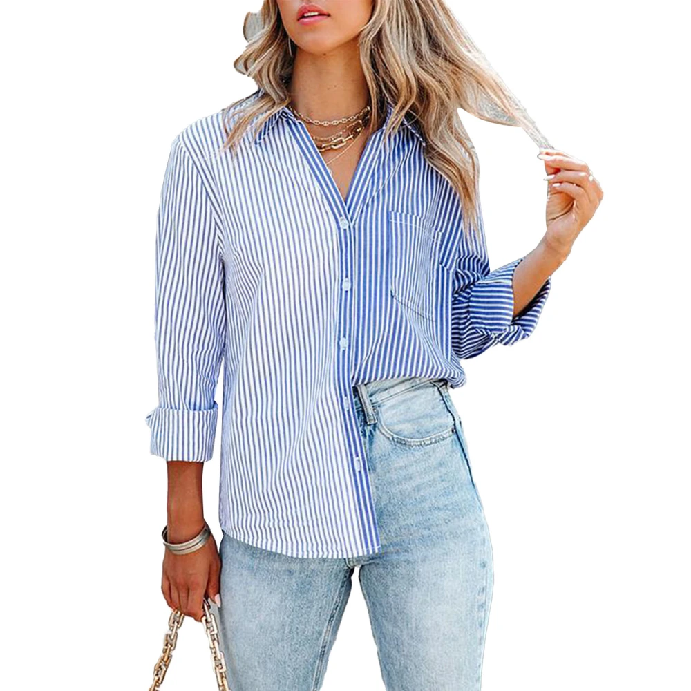 Women Striped Button Up Shirt Long Sleeve Casual Loose Fit Soft Turn Down Collar Shirt Blue White Stripes L