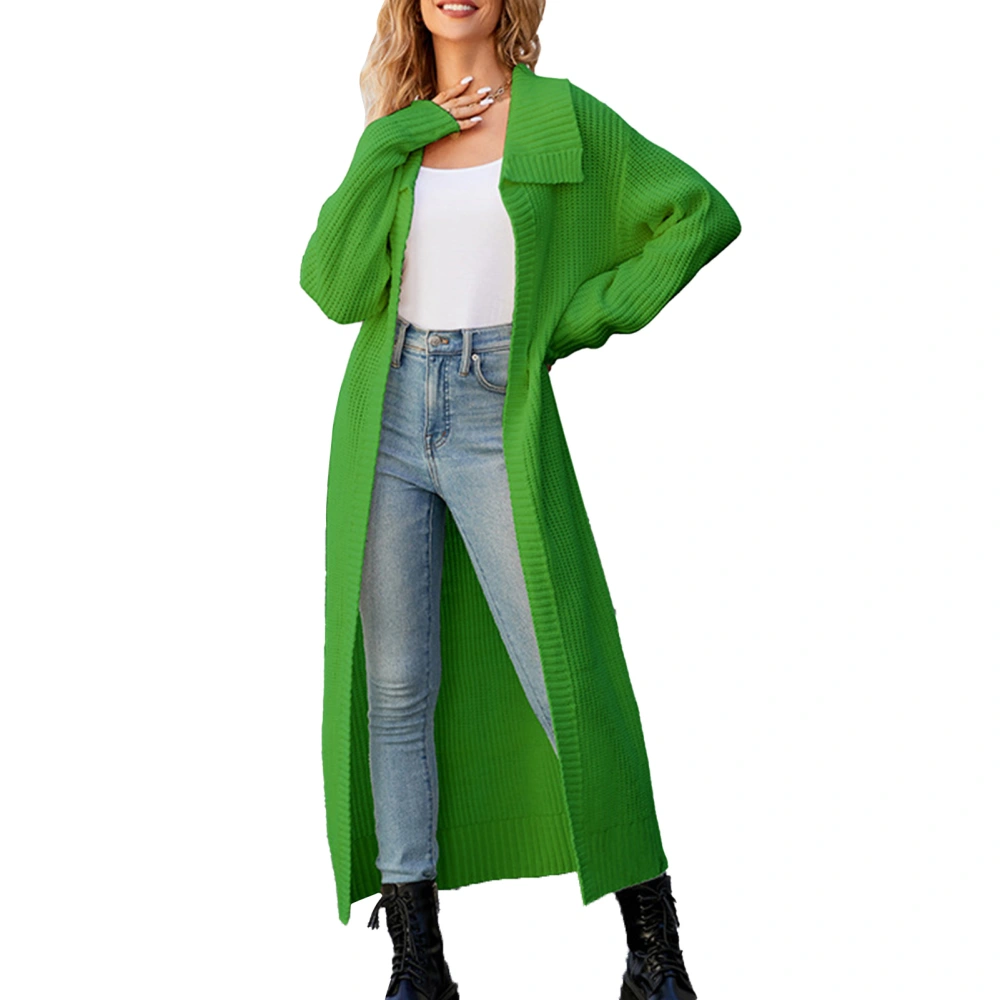 Women Open Front Long Sweater Turn Down Collar Loose Fit Dressy Open Front Knit Coat Green L