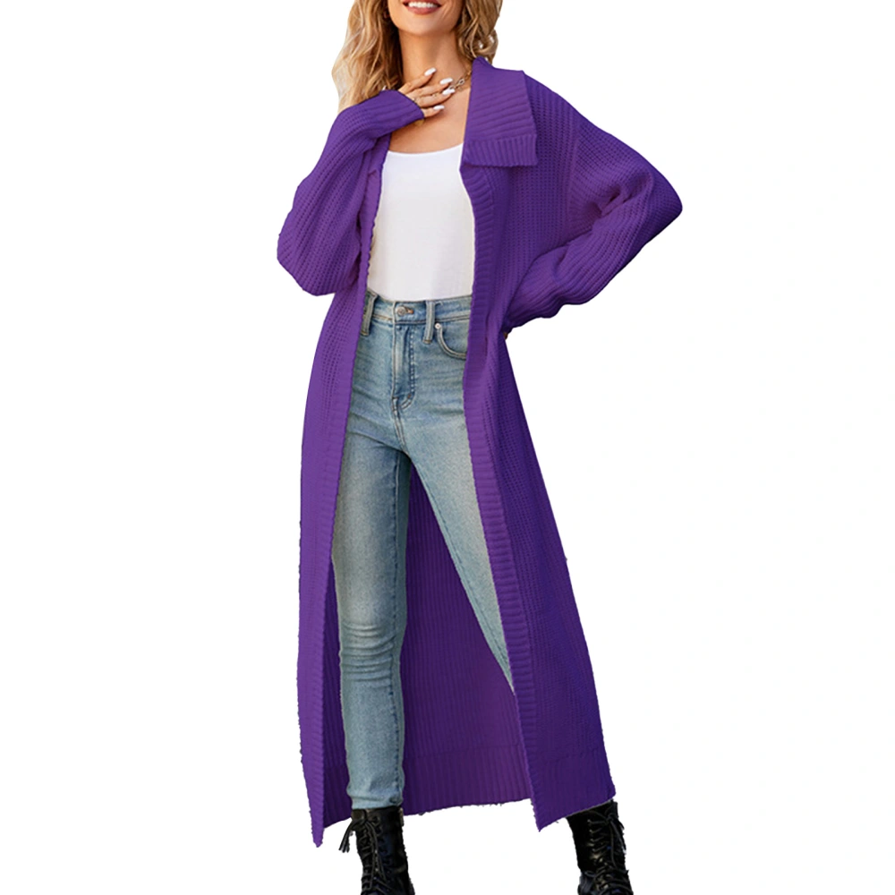 Women Open Front Long Sweater Turn Down Collar Loose Fit Dressy Open Front Knit Coat Purple S