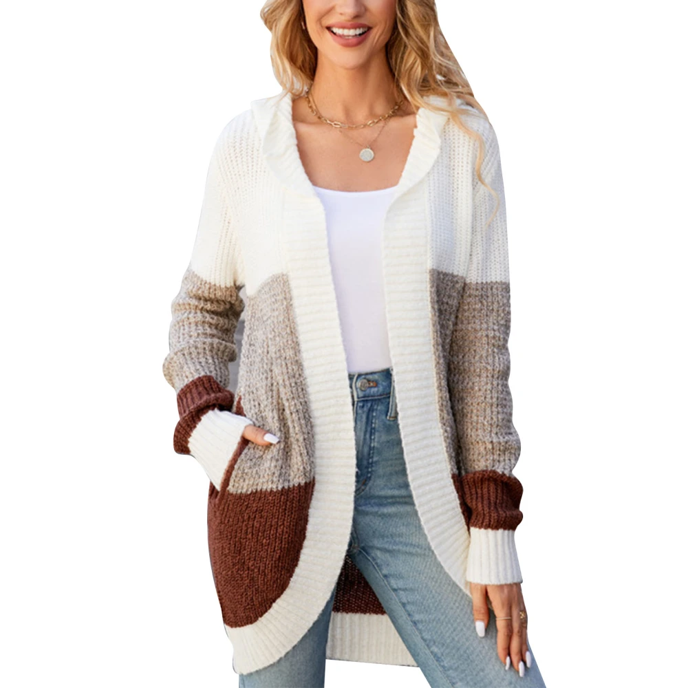 Knit Open Front Outwear Contrast Color Mid Length Hooded Casual Women Sweater Coat with Pockets for Daily Travel White M