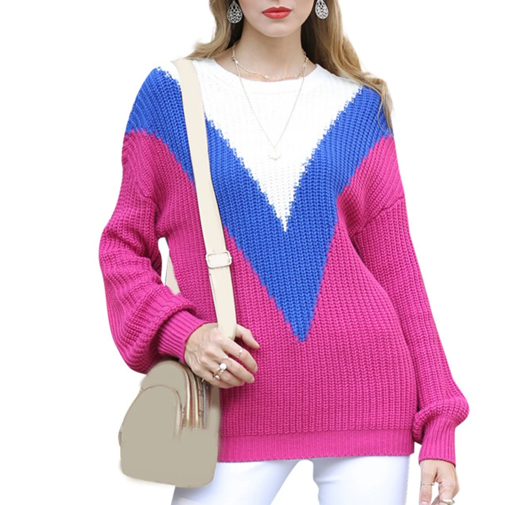 Long Sleeve Sweater Color Block Round Neck Comfortable Skin Friendly Knit Sweater for Home Dating Rose Red S