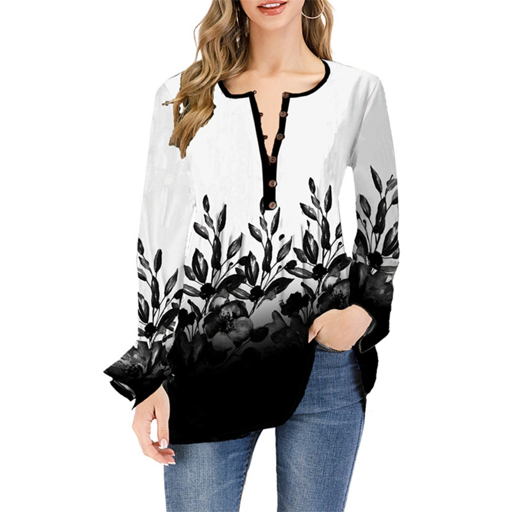 Women V Neck Ruffle Long Sleeve Shirt Casual Loose Fashionable Soft Half Button Printed Top for Daily Life Party White XL