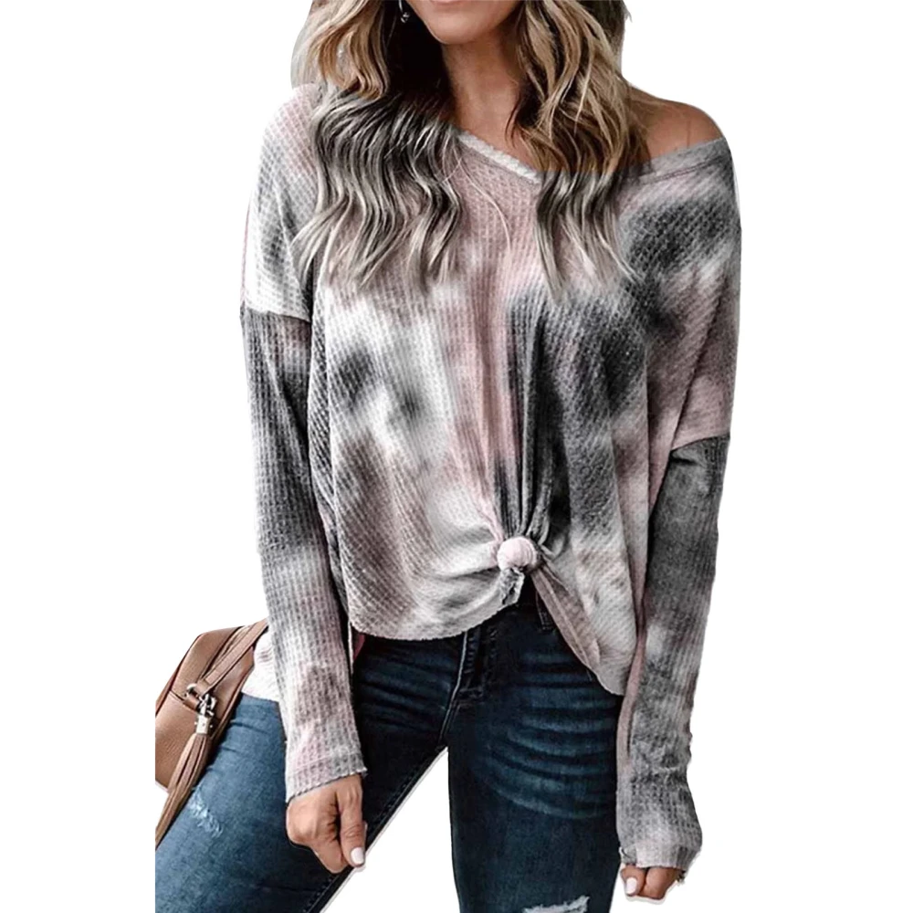 Women Tie Dye Long Sleeve Shirt Fashion Casual Loose Twisted Knot Women V Neck Long Sleeve Tops for Daily Party Shopping Grey S