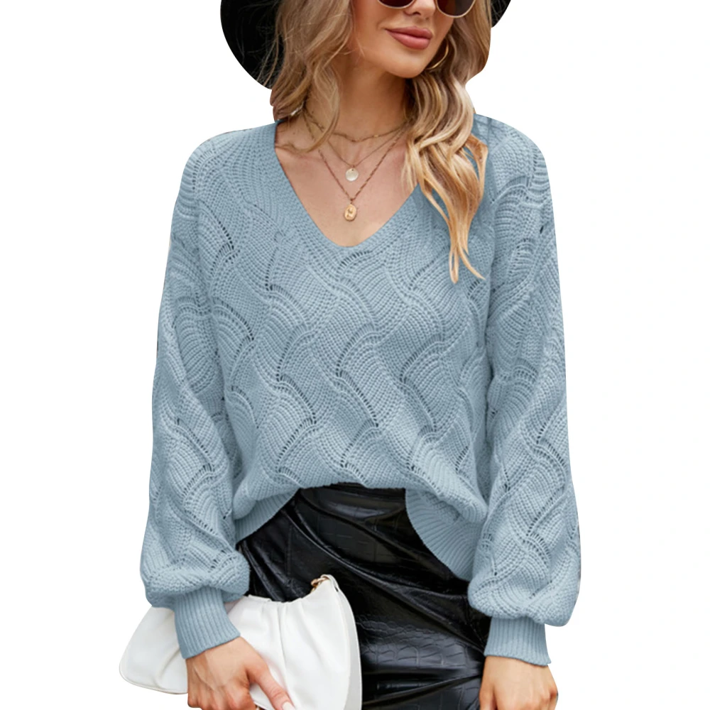 Women Loose Knit Sweater V Neck Pattern Texture Pure Color Long Sleeve Pullover Knitted Sweater Blue M