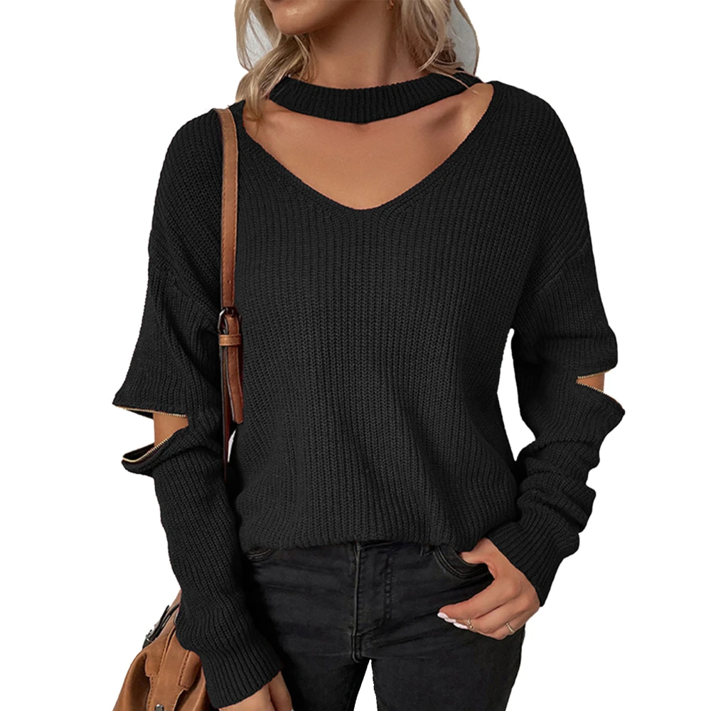 V Neckline Knit Sweater Long Sleeve Zipper Loose Fitted Plain Color Knitted Sweater for Women Black S