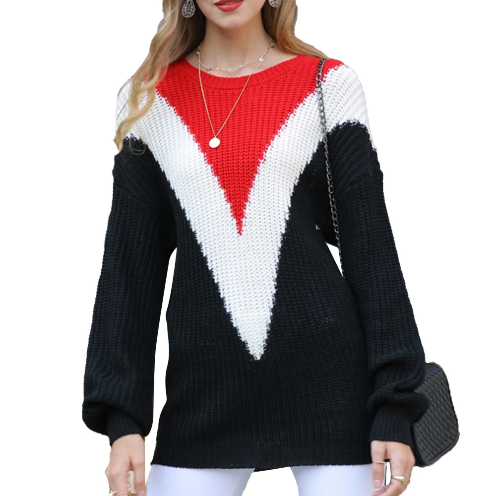 Long Sleeve Sweater Color Block Round Neck Comfortable Skin Friendly Knit Sweater for Home Dating Black XL