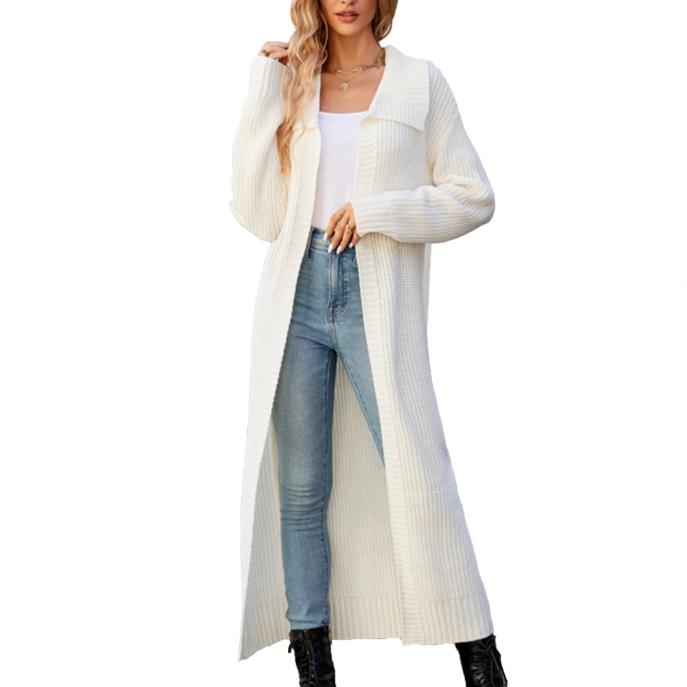 Women Open Front Long Sweater Turn Down Collar Loose Fit Dressy Open Front Knit Coat White XL