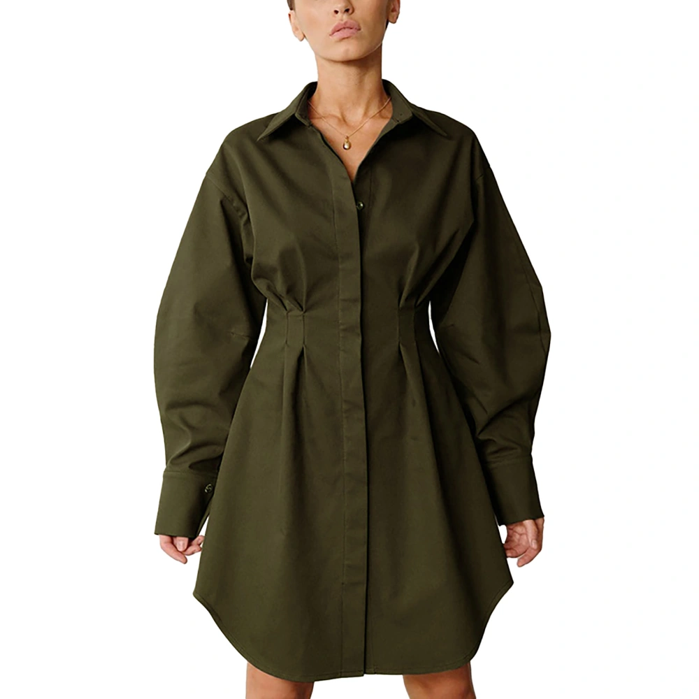 Shirtdress Pleated Waist Long Sleeve Button Down Collar Neck Solid Color A Line Dress for Dating Travel Green M