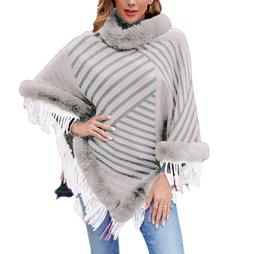 Faux Fur Collar Shawl Cape Striped Knitted Shawl Cape Pullover Poncho Sweater with Fringed Beige F