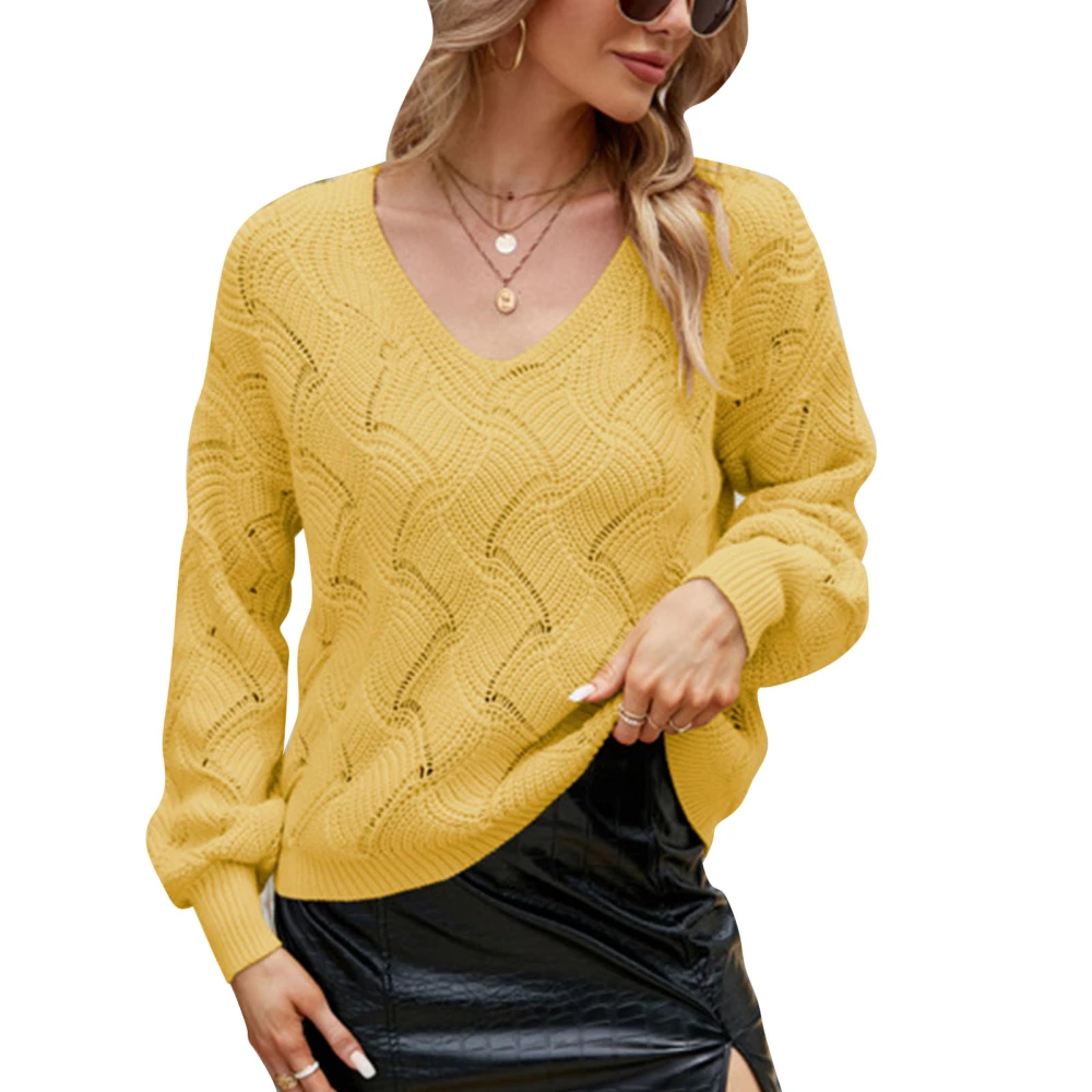 Women Loose Knit Sweater V Neck Pattern Texture Pure Color Long Sleeve Pullover Knitted Sweater Yellow S