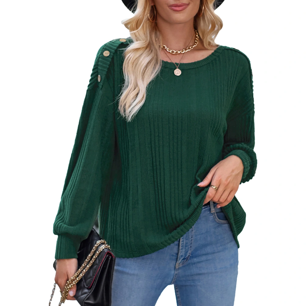 Long Sleeve Blouse Top Button Decoration Round Neck Plain Color Women Casual Fitted Blouse Dark Green L