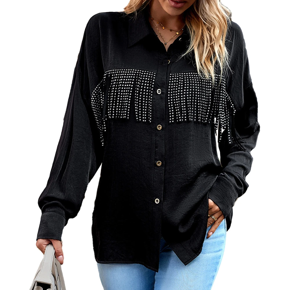 Women Single Breasted Shirt Long Sleeve Fringe Button Up Turndown Collar Solid Color Top Black L