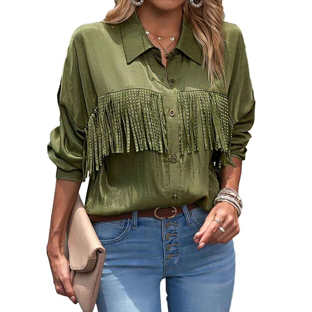 Women Single Breasted Shirt Long Sleeve Fringe Button Up Turndown Collar Solid Color Top Green L