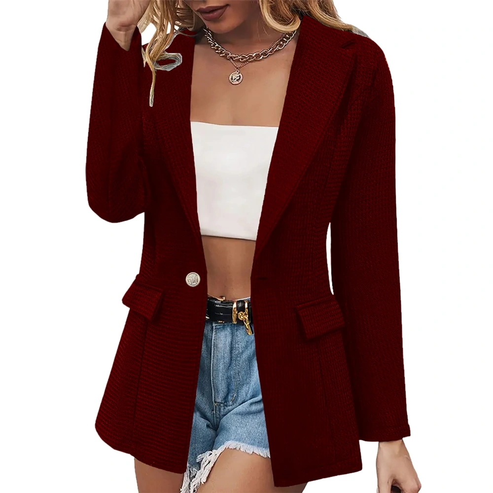 Women Suit Jacket with One Button Long Sleeve Pure Color Women Work Suit Outwear for Business Work Outdoor Wine Red S