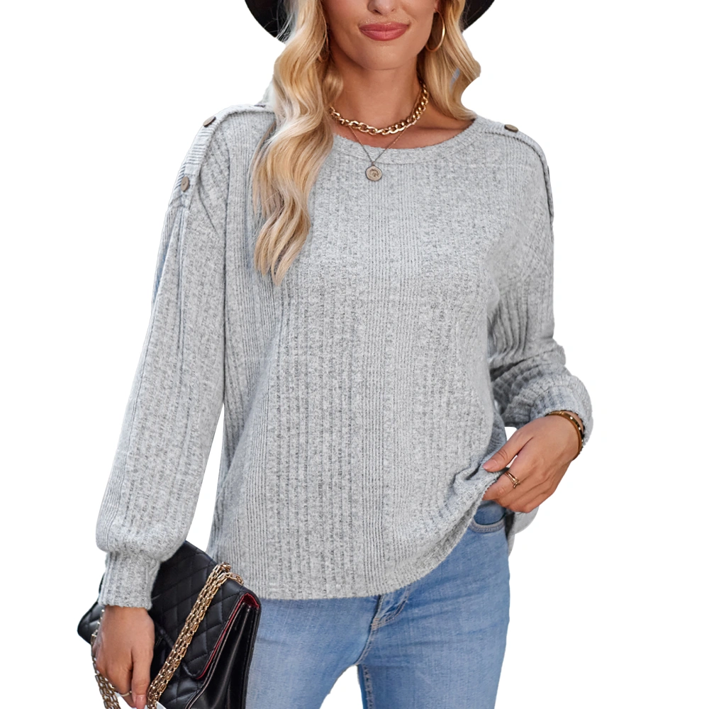 Long Sleeve Blouse Top Button Decoration Round Neck Plain Color Women Casual Fitted Blouse Grey M