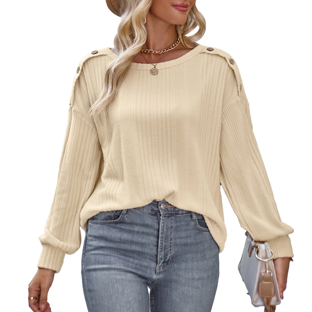 Long Sleeve Blouse Top Button Decoration Round Neck Plain Color Women Casual Fitted Blouse Apricot S