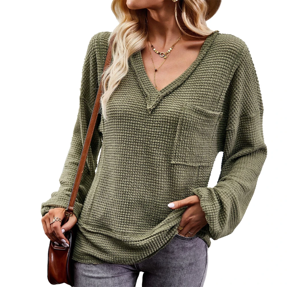 Women V Neck Long Sleeve Top Fashionable Pure Color Loose Casual Shirt with Pocket for Daily Home Outdoor OD Green M