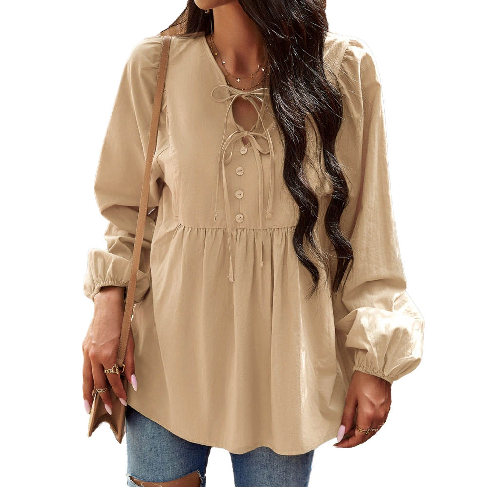 Women V Neck Long Sleeve Pullover Tops Fashion Elegant Loose Pure Color Strap Women Long Sleeve Blouse for Daily Party Shopping Khaki L