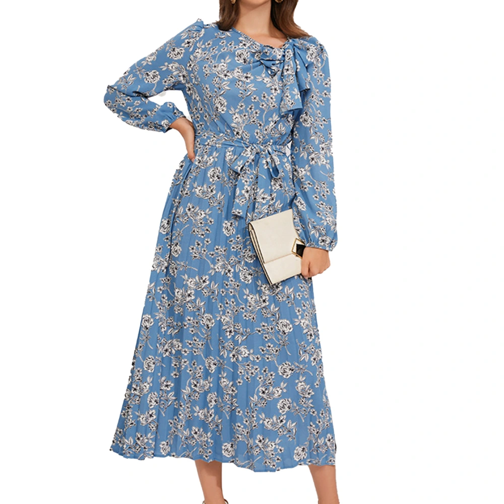 Women Floral Printing Dress Long Sleeves Round Neck Bowknot Tie Waist Strap Casual Pleated Long Dress Blue S