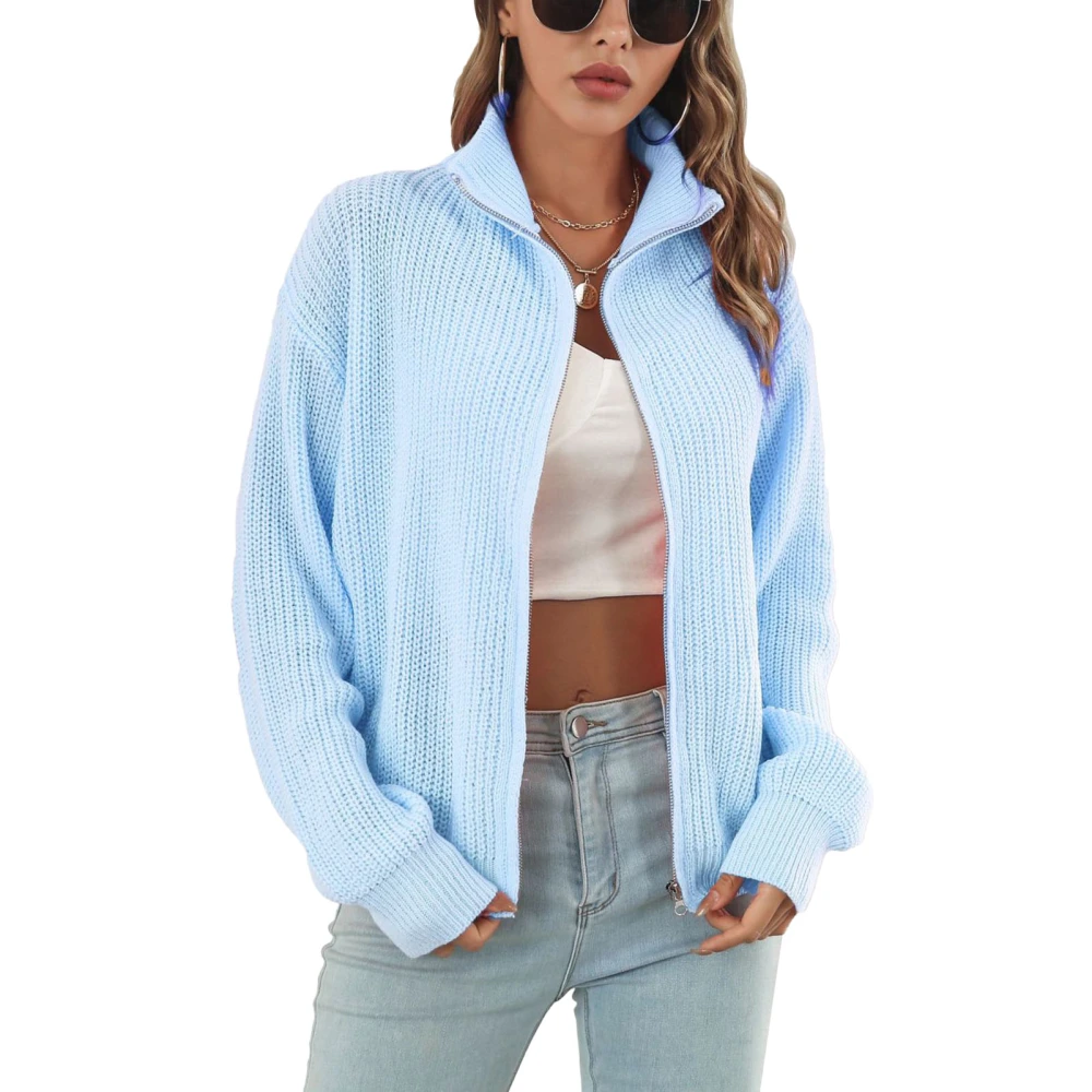 Women Zipper Knit Sweater Stand Collar Pure Color Loose Soft Long Sleeve Sweaters for Party Shopping Light Blue M