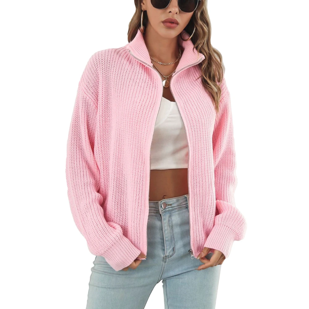 Women Zipper Knit Sweater Stand Collar Pure Color Loose Soft Long Sleeve Sweaters for Party Shopping Pink L