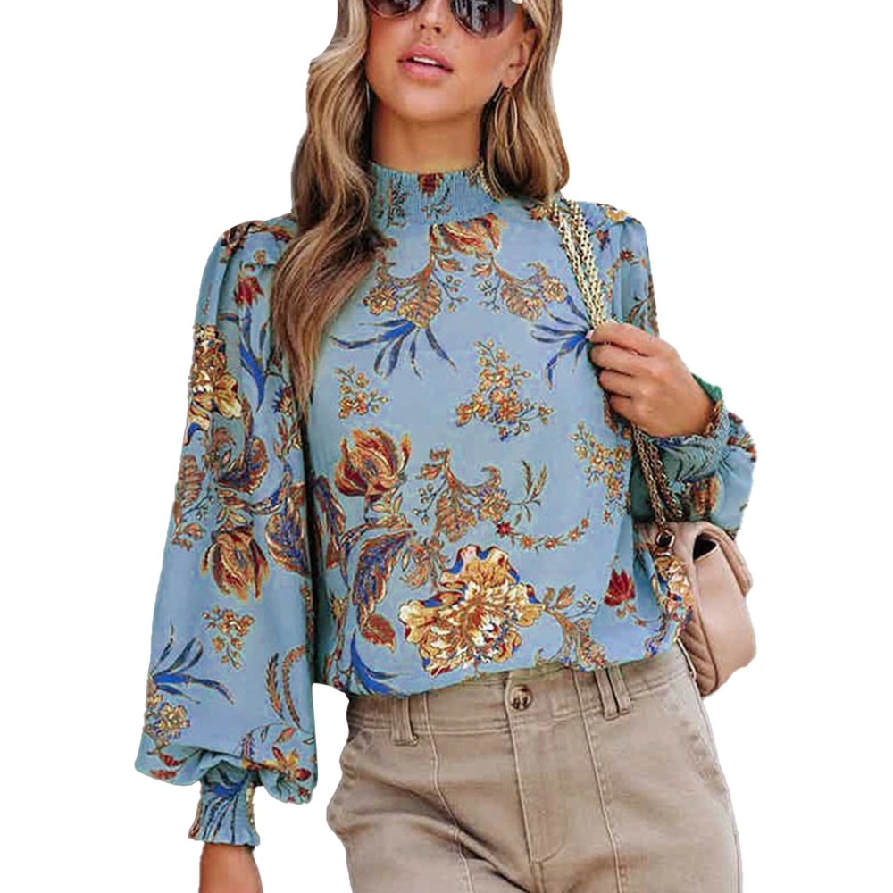 Women Lantern Sleeves Top Shirred Long Sleeve High Collar Casual Fashion Loose Clothing Blue S