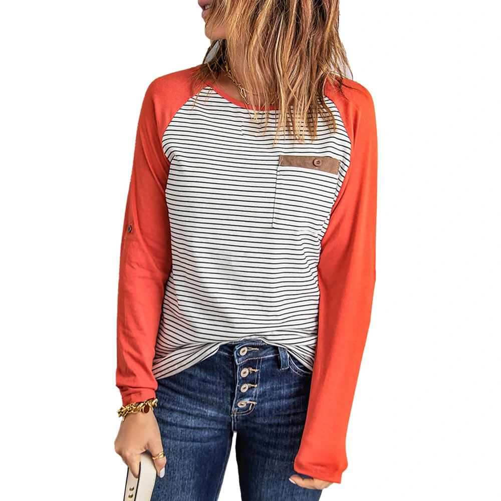 Women Long Sleeve Striped T Shirt Color Block Round Neck Fashionable Casual Top with Chest Pocket Orange M