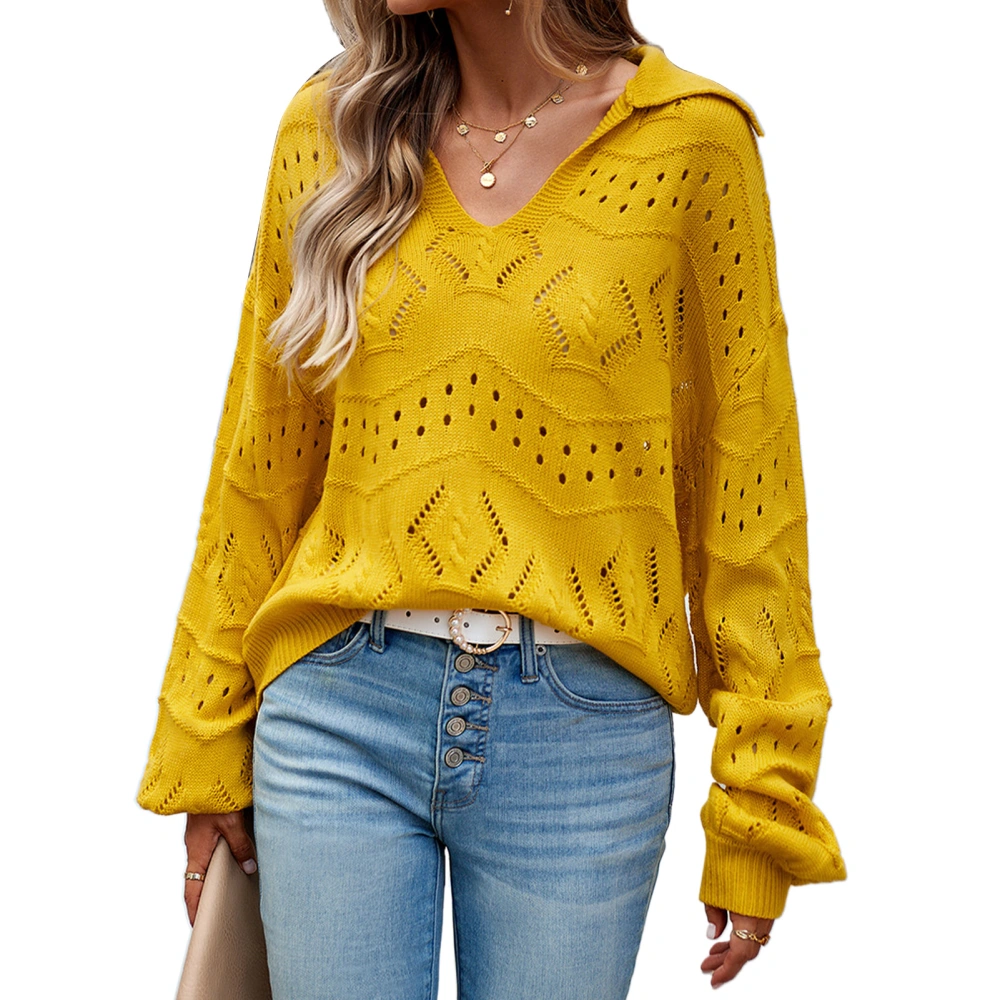 Women V Neck Long Sleeved Sweater Hollow Out Pure Color Fashionable Pullover Knitwear for Dating Travel Yellow L