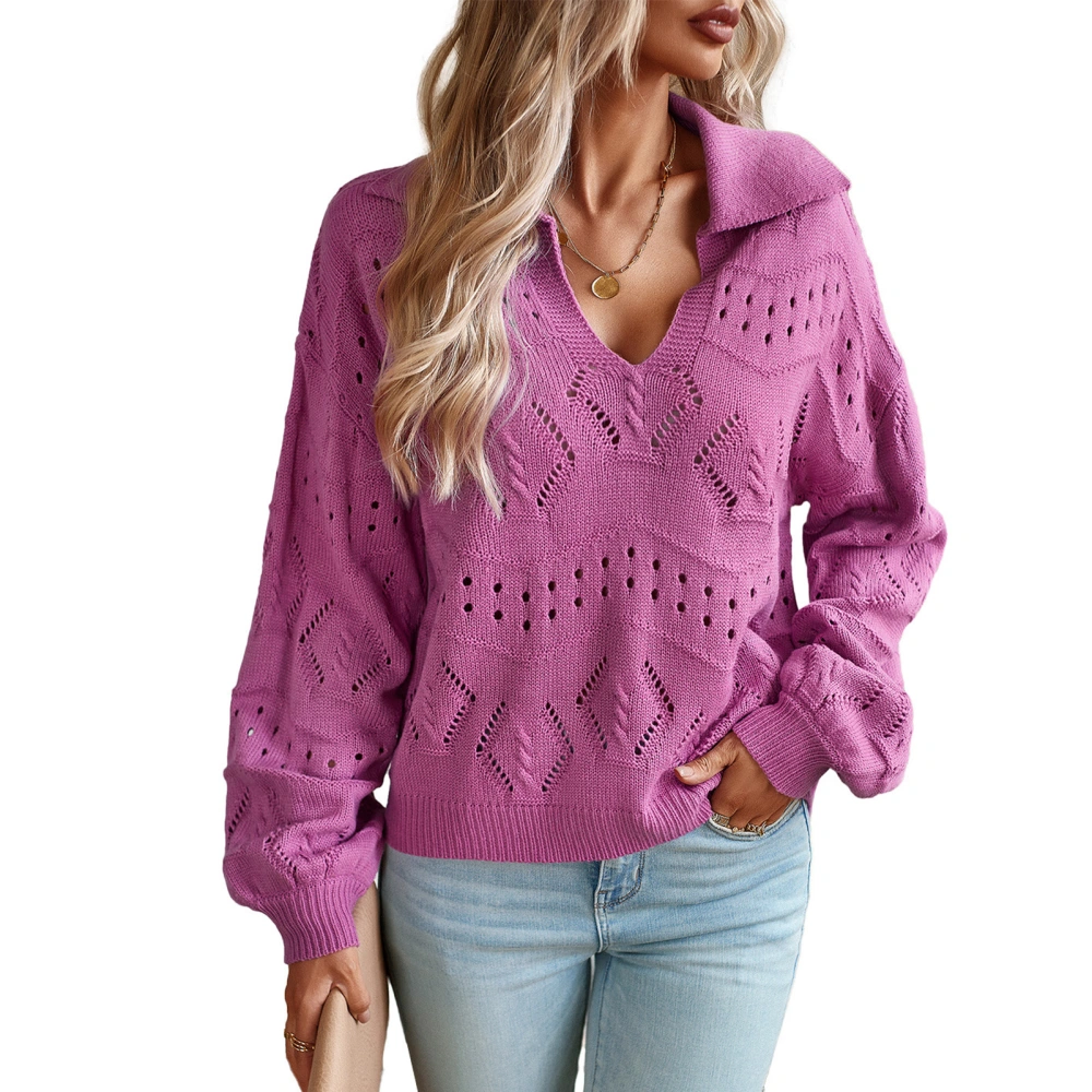 Women V Neck Long Sleeved Sweater Hollow Out Pure Color Fashionable Pullover Knitwear for Dating Travel Purple S