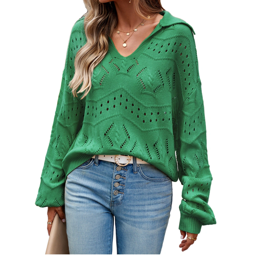 Women V Neck Long Sleeved Sweater Hollow Out Pure Color Fashionable Pullover Knitwear for Dating Travel Green M