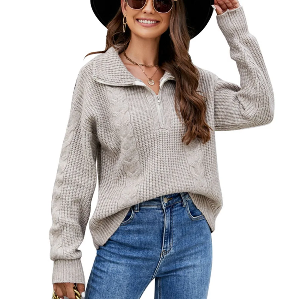 Cable Knit Sweater Half Zipper Drop Shoulder Turn Down Collar Long Sleeve Knitted Sweater for Women Brown M