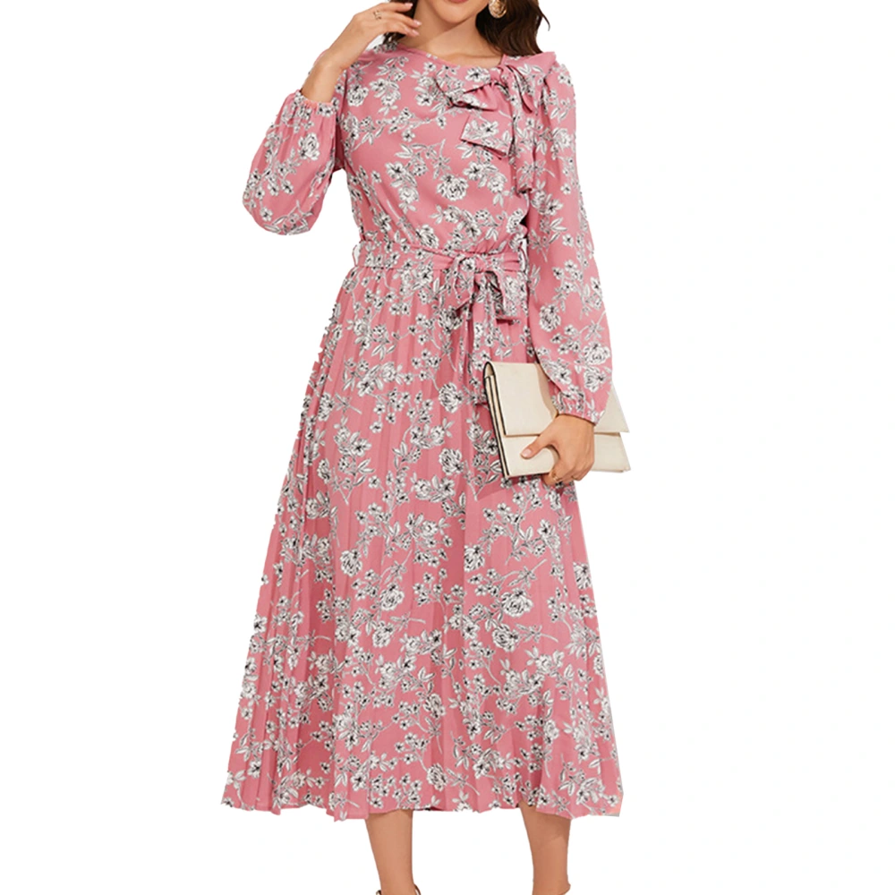 Women Floral Printing Dress Long Sleeves Round Neck Bowknot Tie Waist Strap Casual Pleated Long Dress Pink L