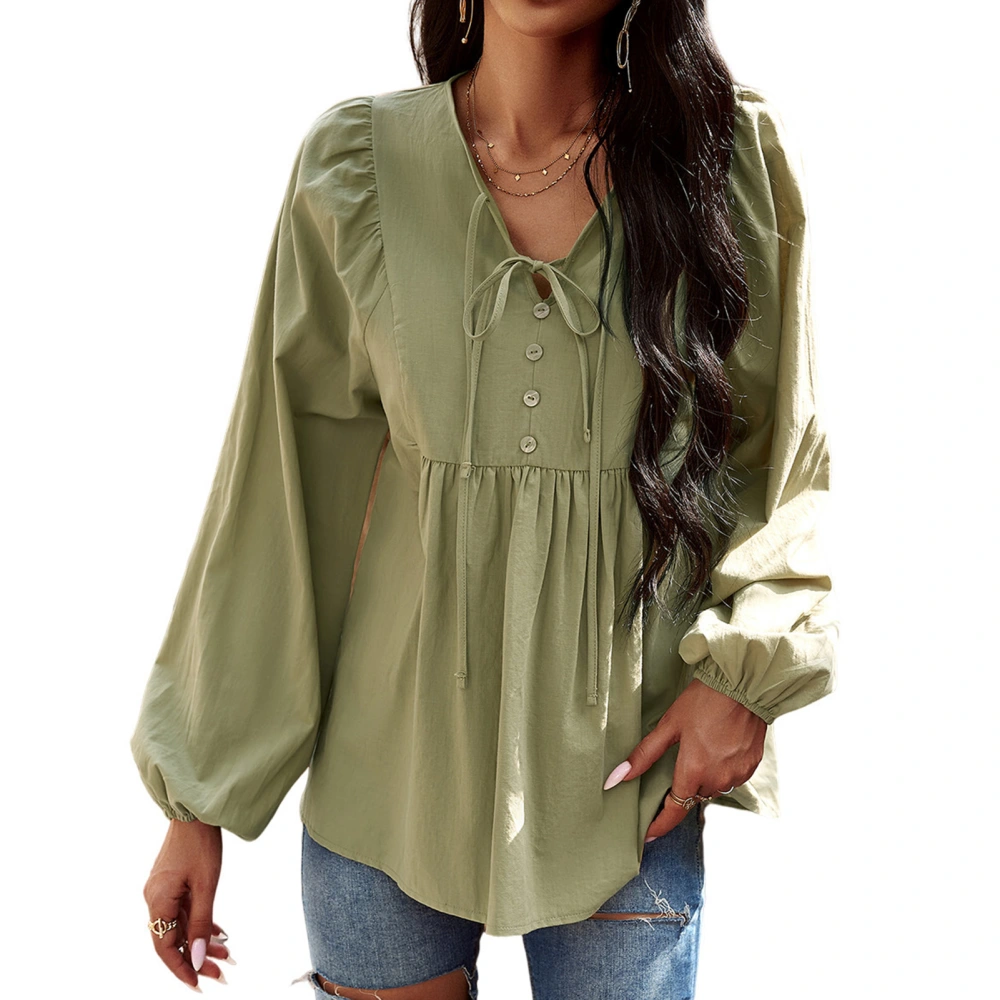 Women V Neck Long Sleeve Pullover Tops Fashion Elegant Loose Pure Color Strap Women Long Sleeve Blouse for Daily Party Shopping Green XL