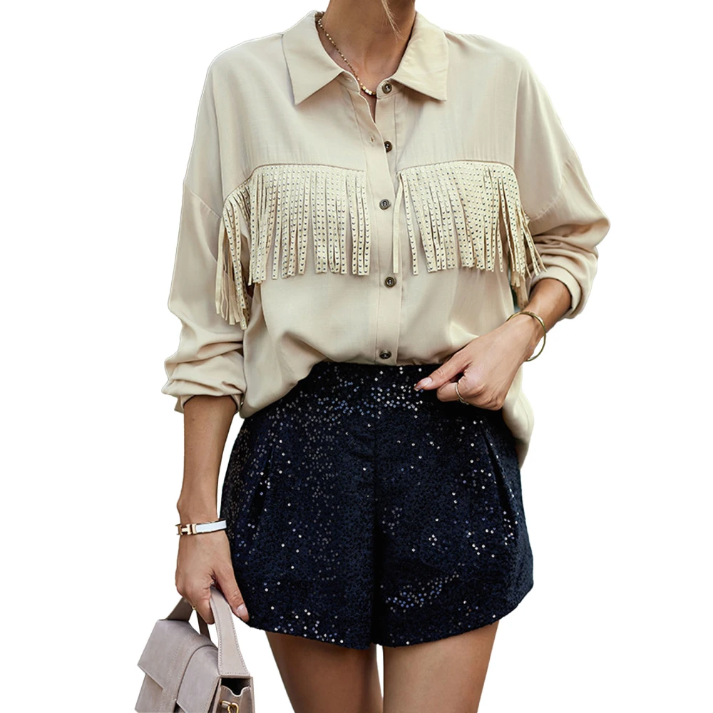 Women Single Breasted Shirt Long Sleeve Fringe Button Up Turndown Collar Solid Color Top Apricot XL