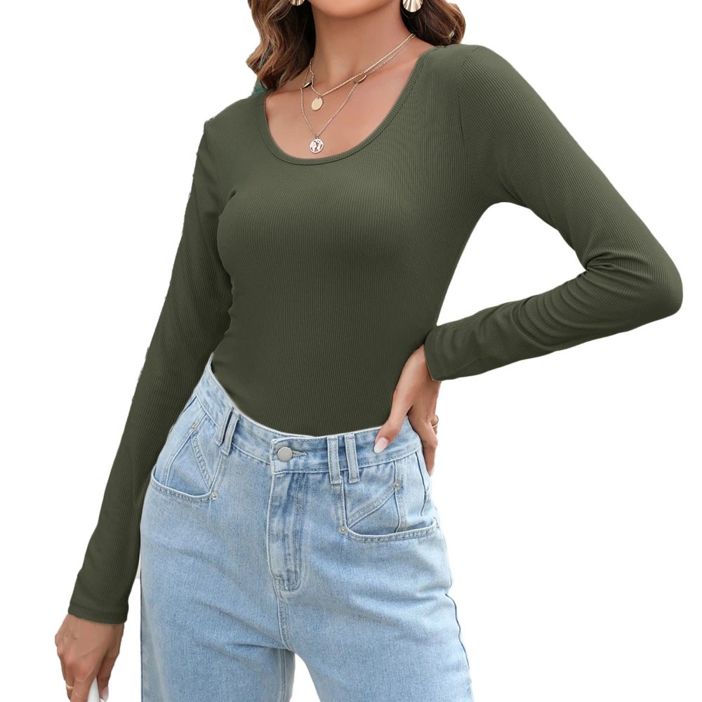 Women Long Sleeve Slim Fit Top Soft Casual Stretchy Long Sleeve Crew Neck Tee T Shirt for Daily Home Travel Office OD Green S