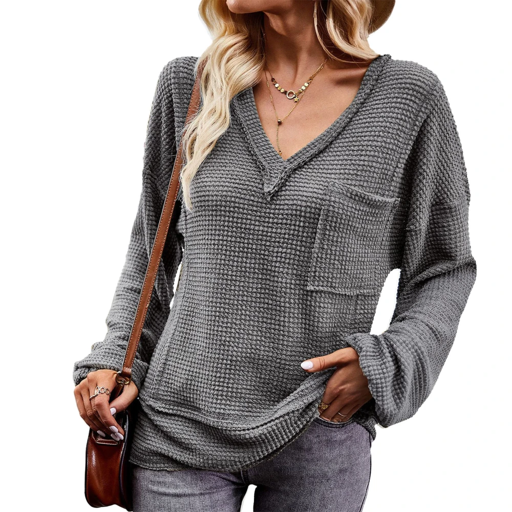 Women V Neck Long Sleeve Top Fashionable Pure Color Loose Casual Shirt with Pocket for Daily Home Outdoor Grey S