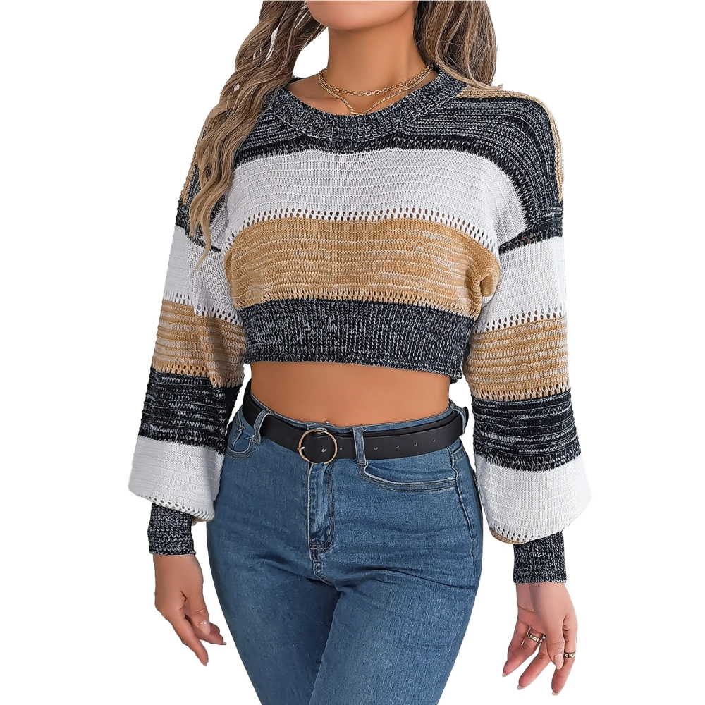 Women Striped Sweater Color Contrast Round Neck Long Sleeves Casual Knitted Short Top Khaki M