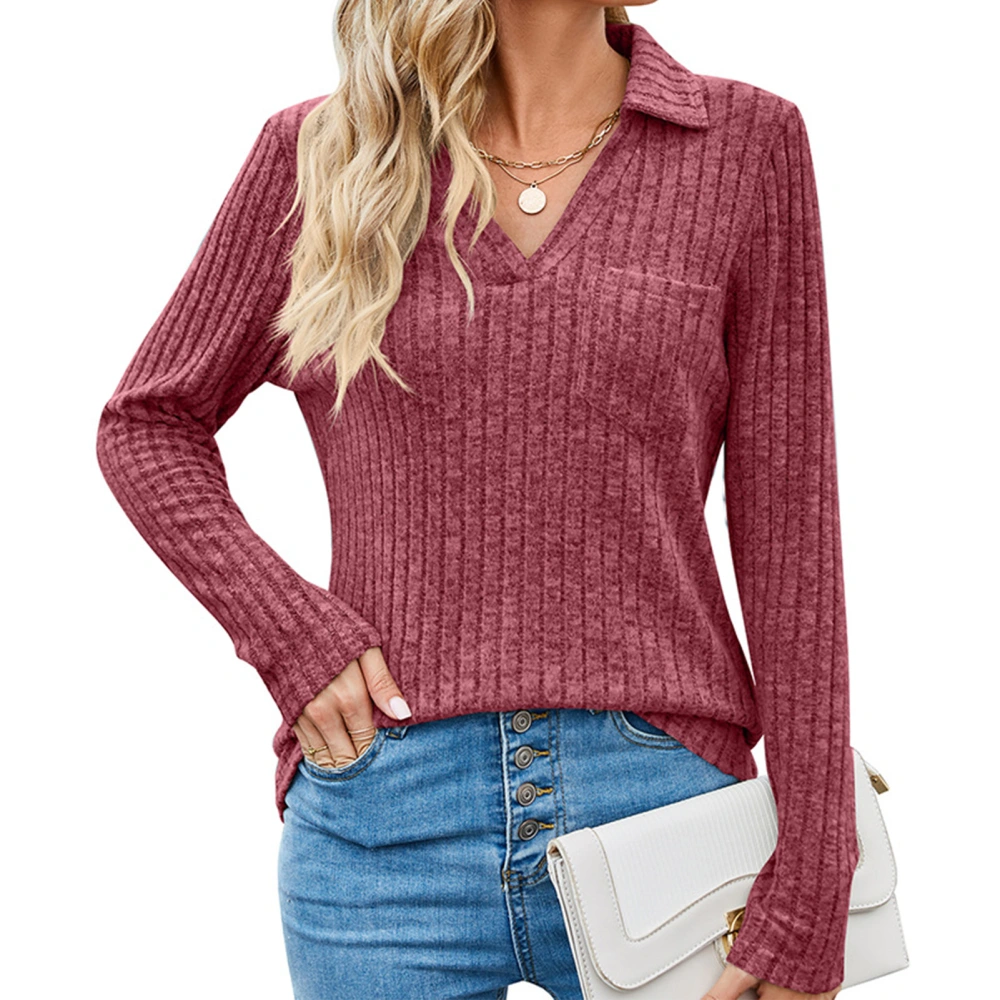 Long Sleeve Top V Neck Turndown Collar Pure Color Pit Stripe Women T Shirt with Pocket for Daily Shopping Dating Wine Red L