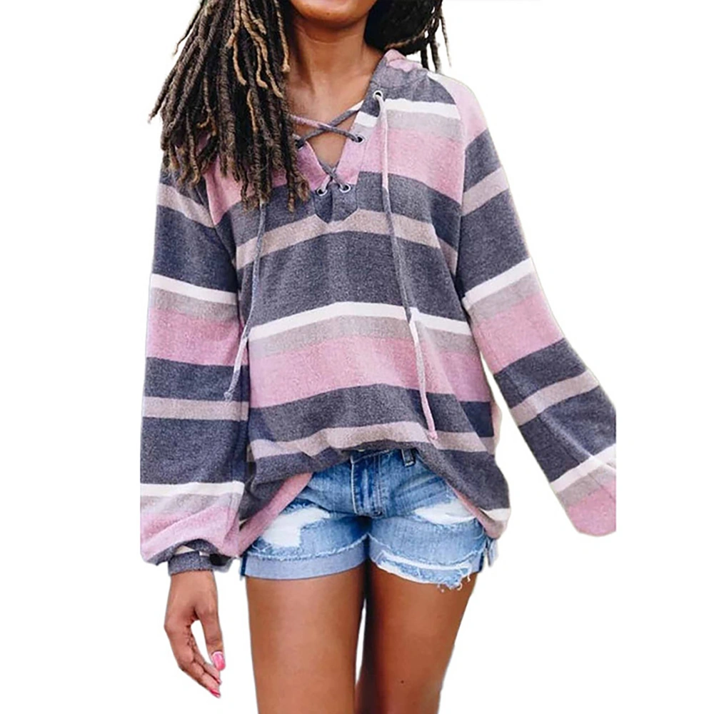 Women Casual Top V Neck Tie Long Sleeve Top Wide Stripe Pattern Hoodie Top for Daily Life and Work Type 2 L