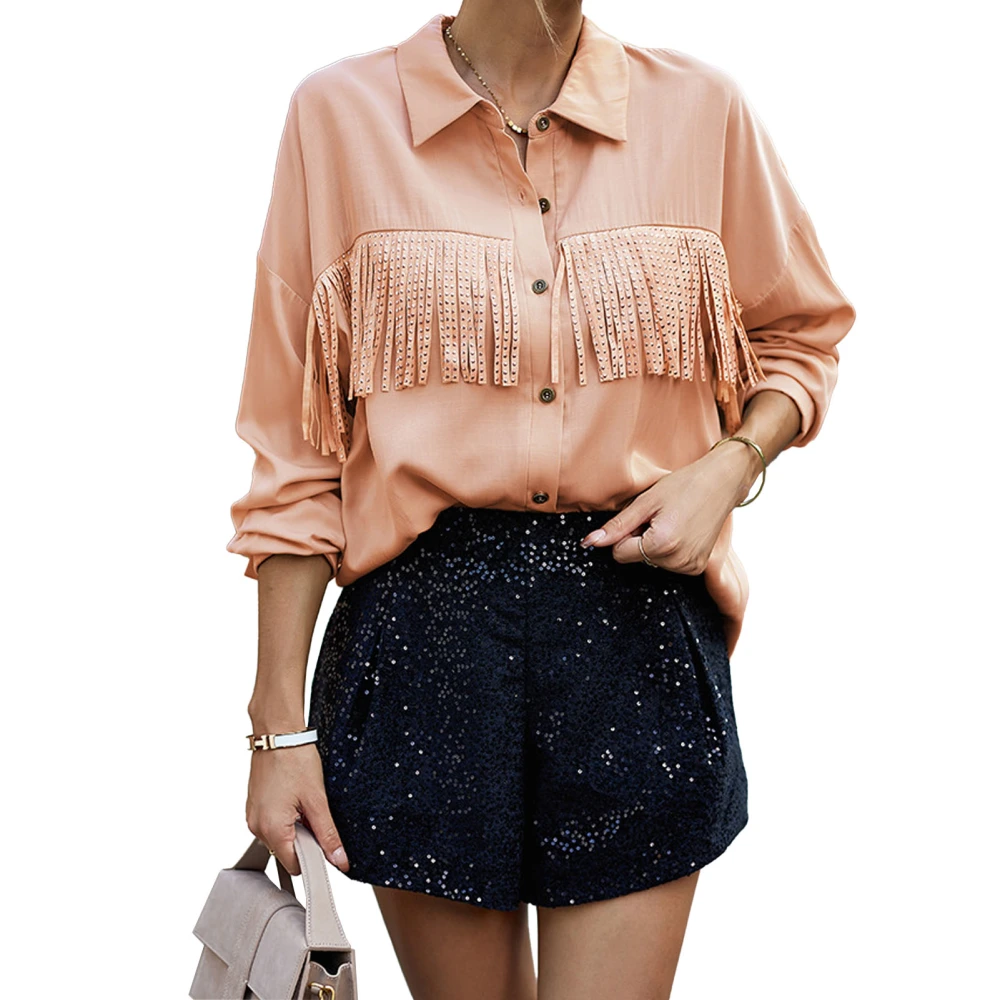 Women Single Breasted Shirt Long Sleeve Fringe Button Up Turndown Collar Solid Color Top Pink XL