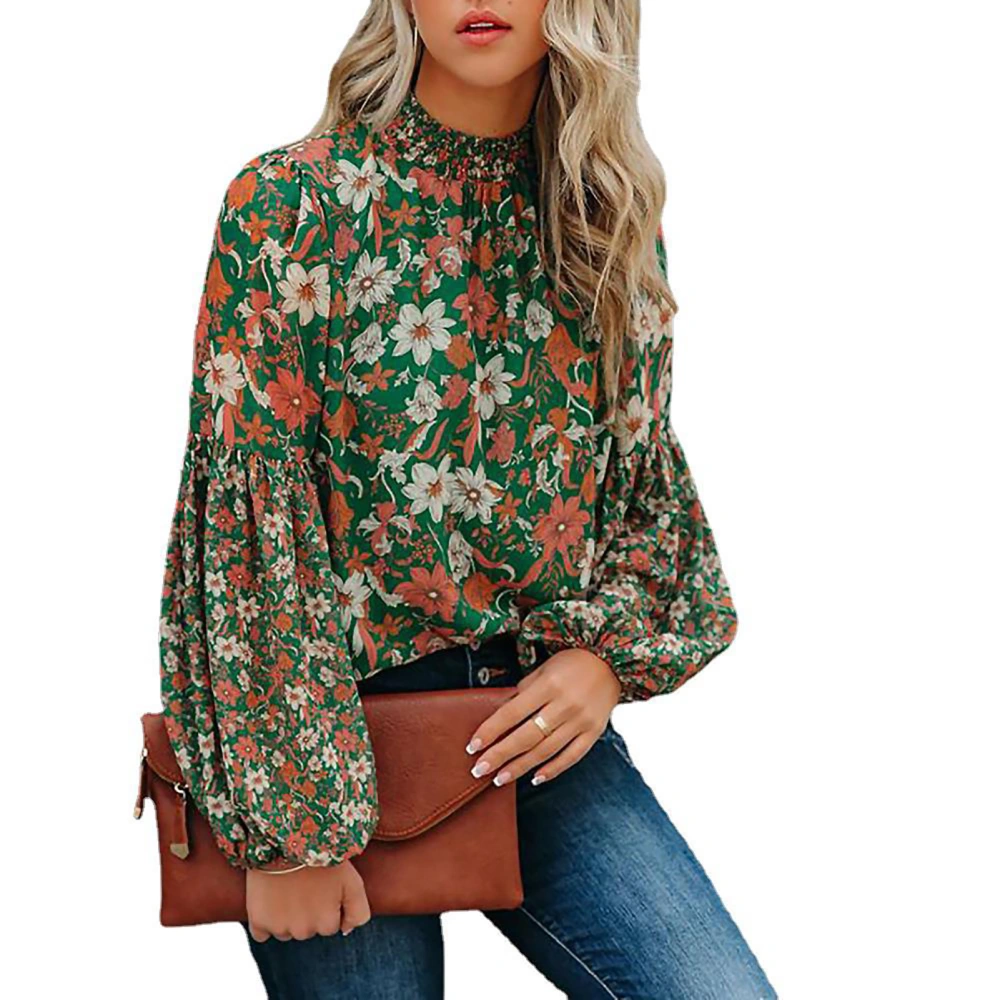 Women Blouse Long Puff Sleeves Floral Pattern Shirred Comfortable Shirt for Office Travel Green M