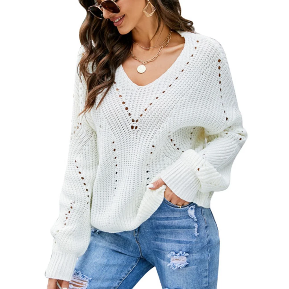 Women V Neck Hollow Sweater Long Sleeve Loose Fit Plain Color Cozy Pullover Fall Knitted Top White S