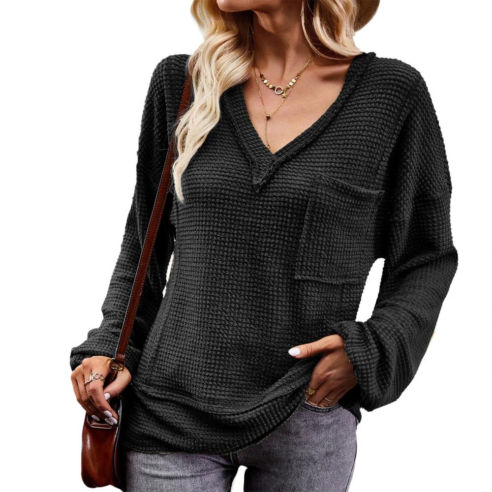 Women V Neck Long Sleeve Top Fashionable Pure Color Loose Casual Shirt with Pocket for Daily Home Outdoor Black M