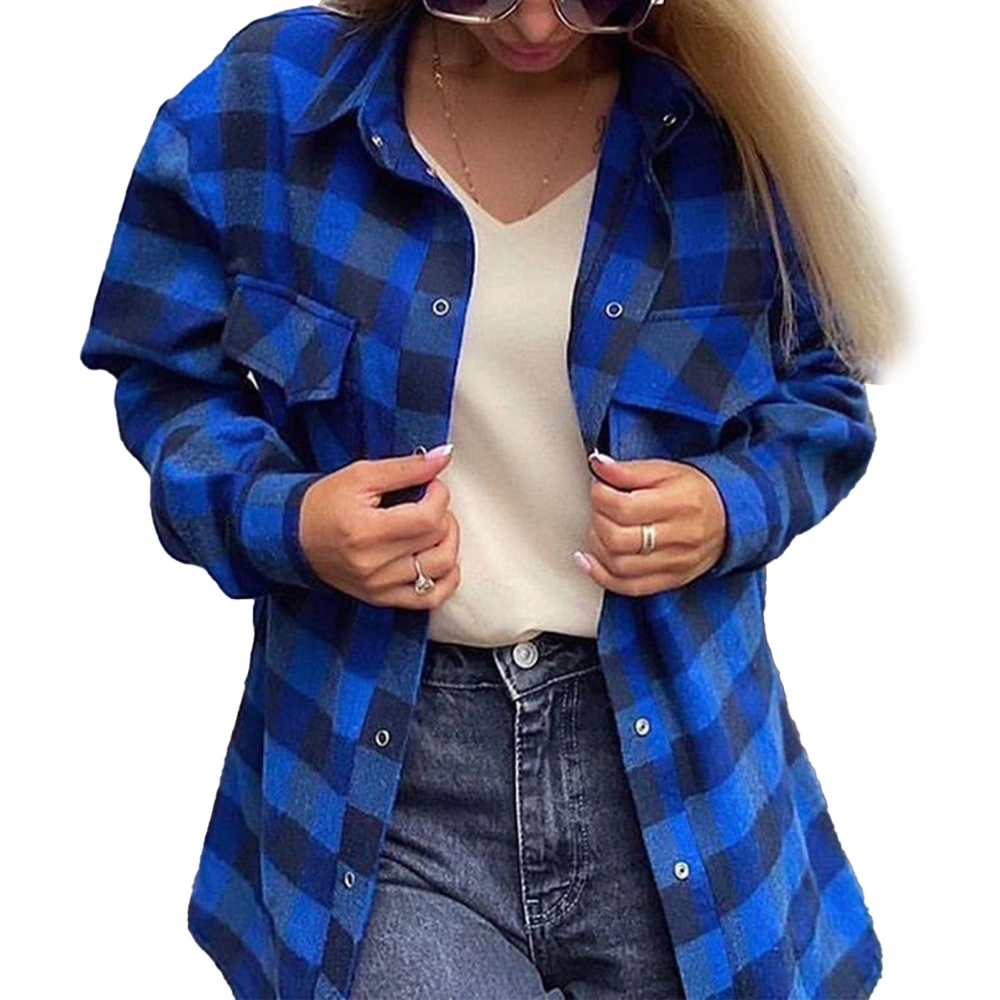 Women Snap Button Plaid Shirt Long Sleeve Casual Fashion Button Up Shirt with Chest Pockets Blue L