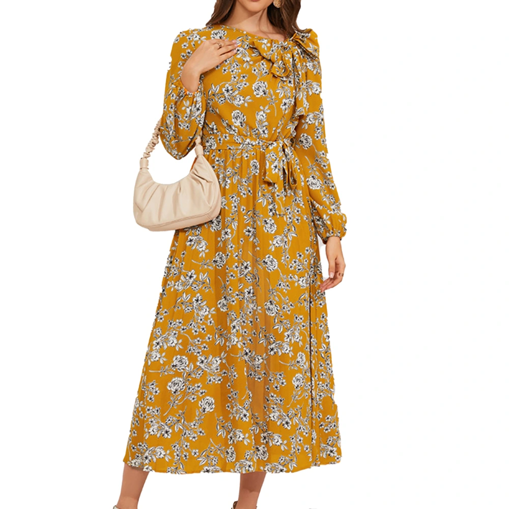 Women Floral Printing Dress Long Sleeves Round Neck Bowknot Tie Waist Strap Casual Pleated Long Dress Yellow S