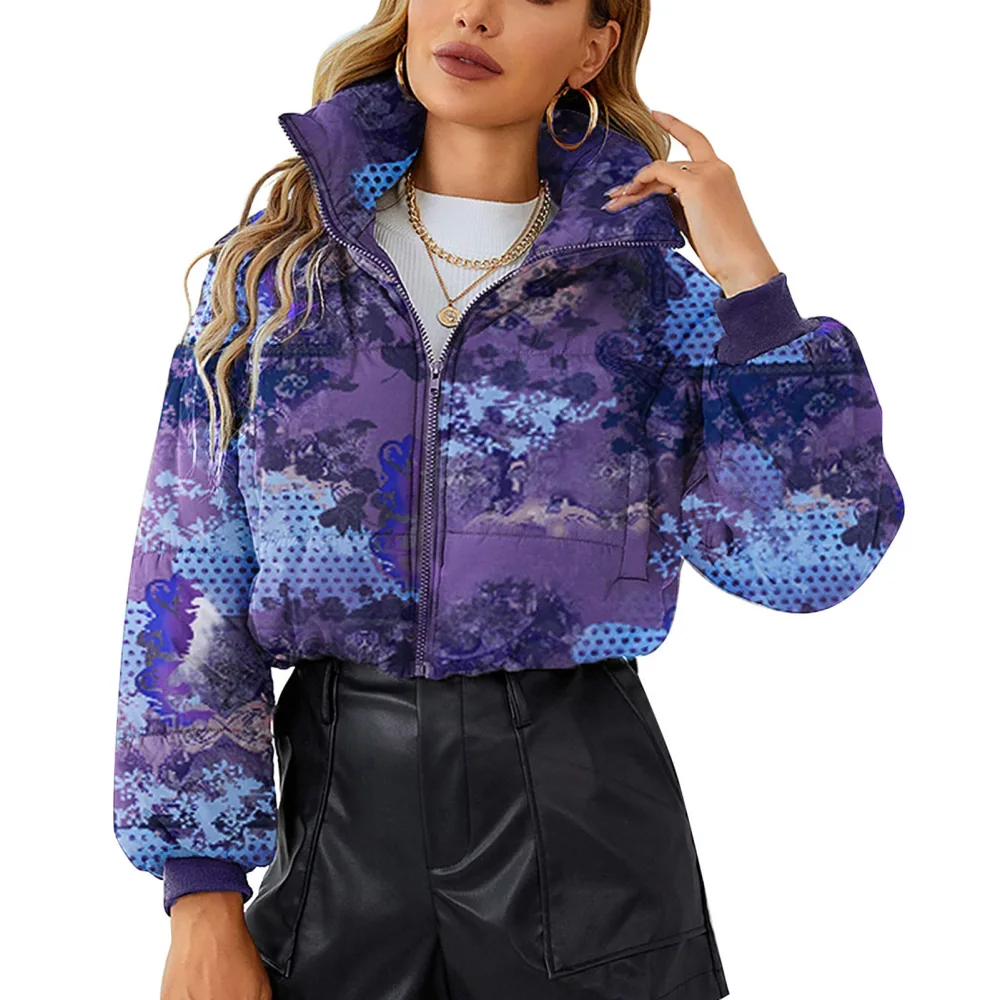 Women Long Sleeve Zip Up Puffer Jacket Fashionable Stand Collar Print Elastic Waist Short Padded Coat Purple Blue XXL