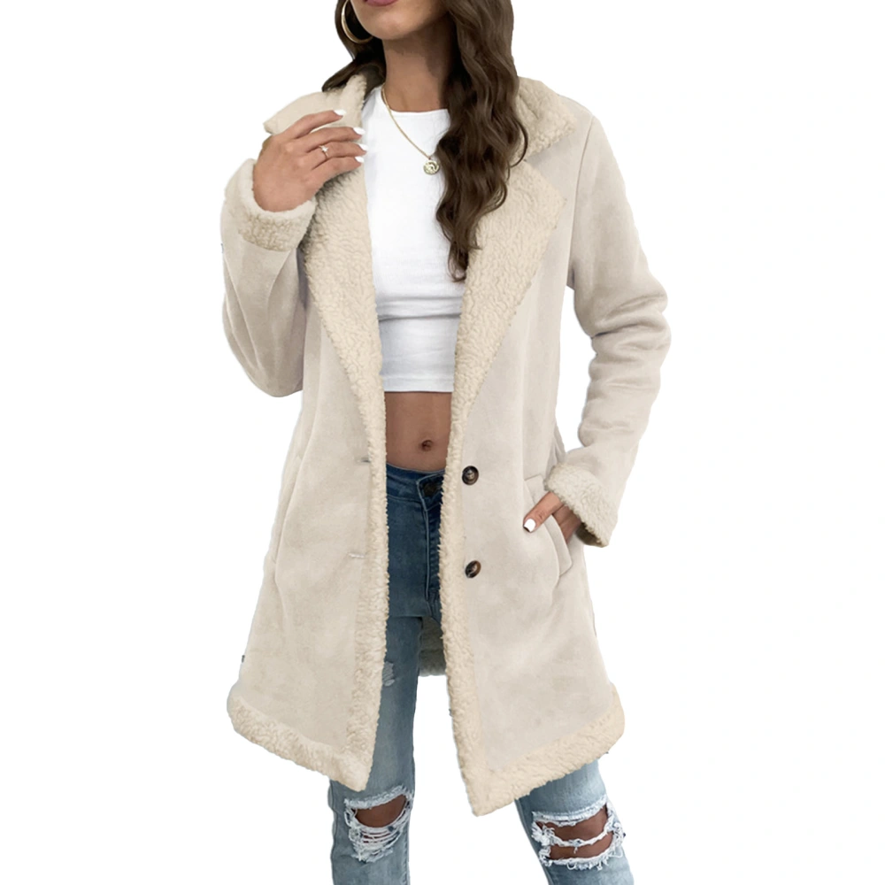 Women Mid Length Fleece Coat Turn Down Collar 2 Button Pockets Long Sleeve Warmth Fleece Coat Milk White L